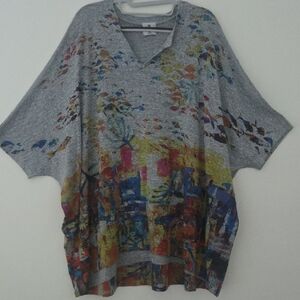 Inoah Ocean Fish Gray Graphic Print Oversized Short 3/4 Sleeve T-Shirt OS